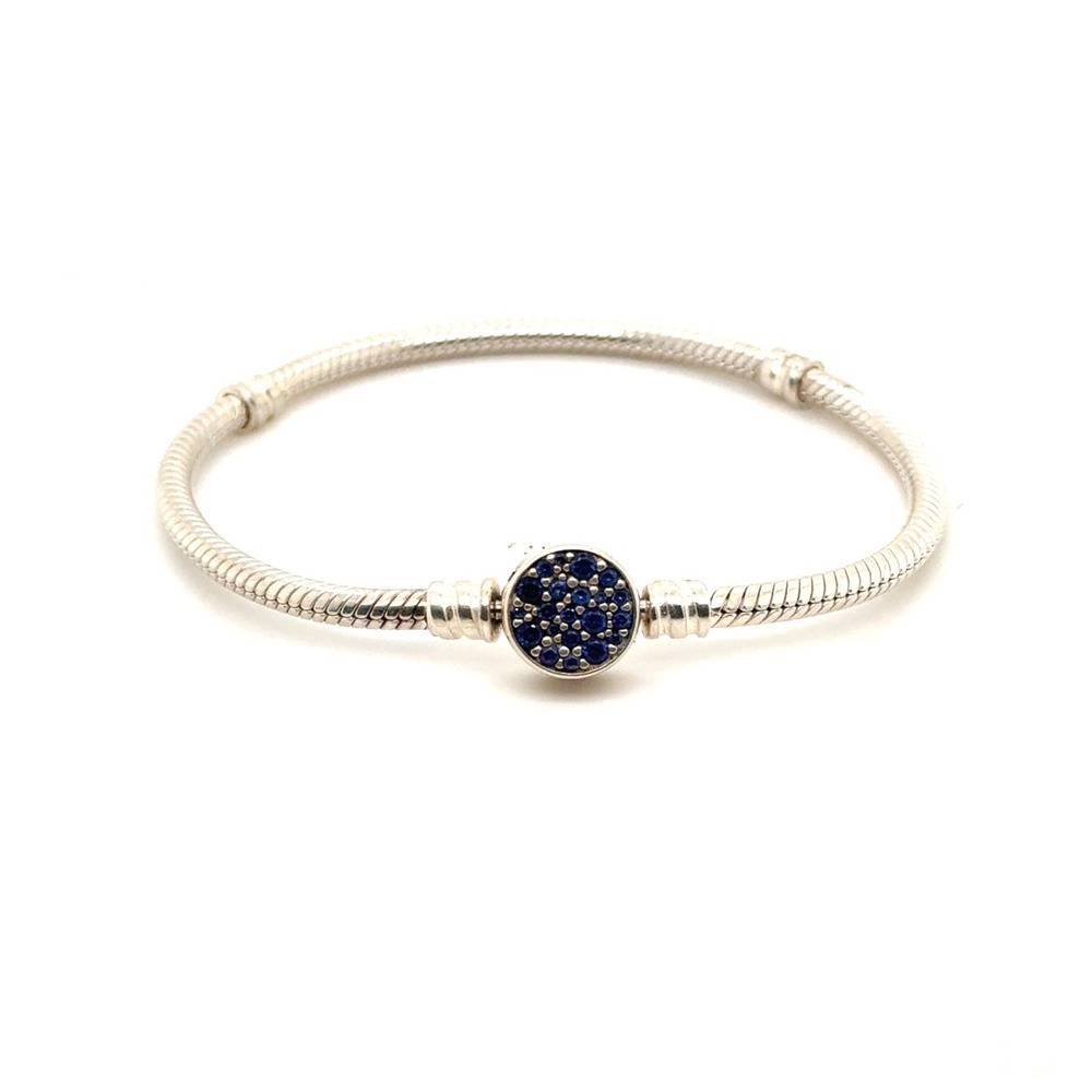 Pandora Moments Sterling Silver Snake Chain Bracelet Blue Pavé Clasp 6.75in